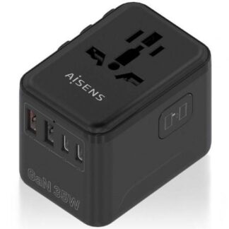 Cargador de Pared Universal GaN para Viaje Aisens ASPS-2A3C09-BK/ Toma de Corriente Universal/ 3xUSB Tipo-C/ 2xUSB/ 35W
